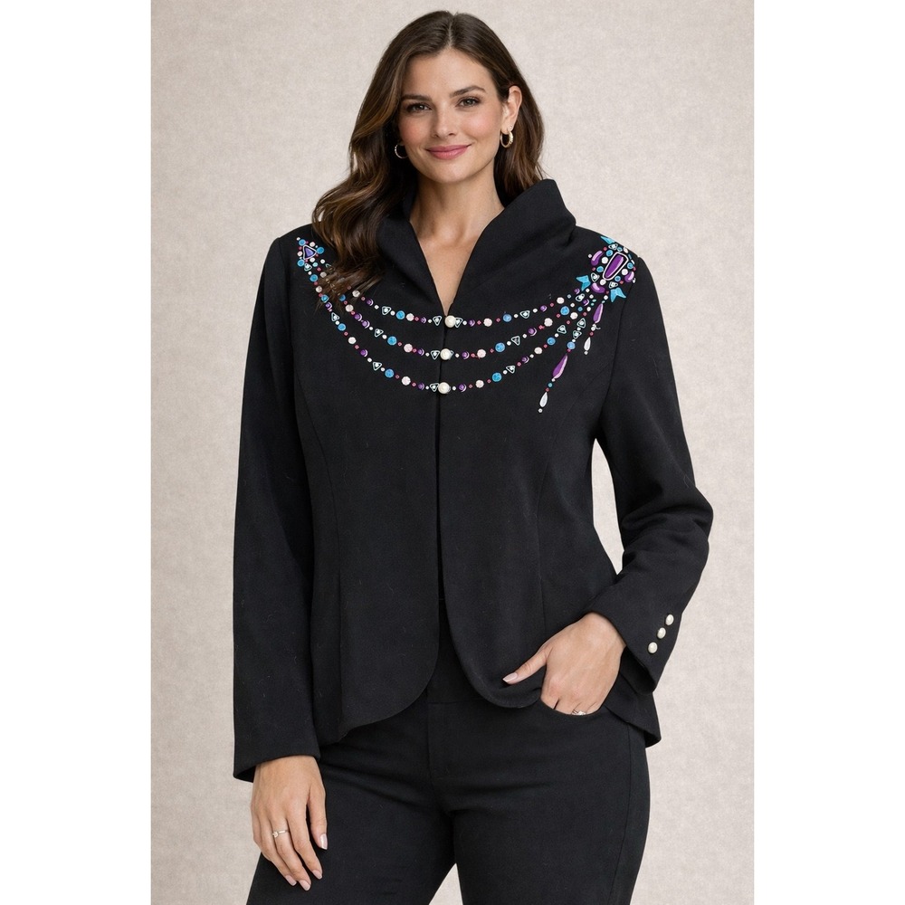 Bob Mackie Wearable Art Blazer Black Beaded Necklace Detail Purple Lining XL - Picture 2 of 10